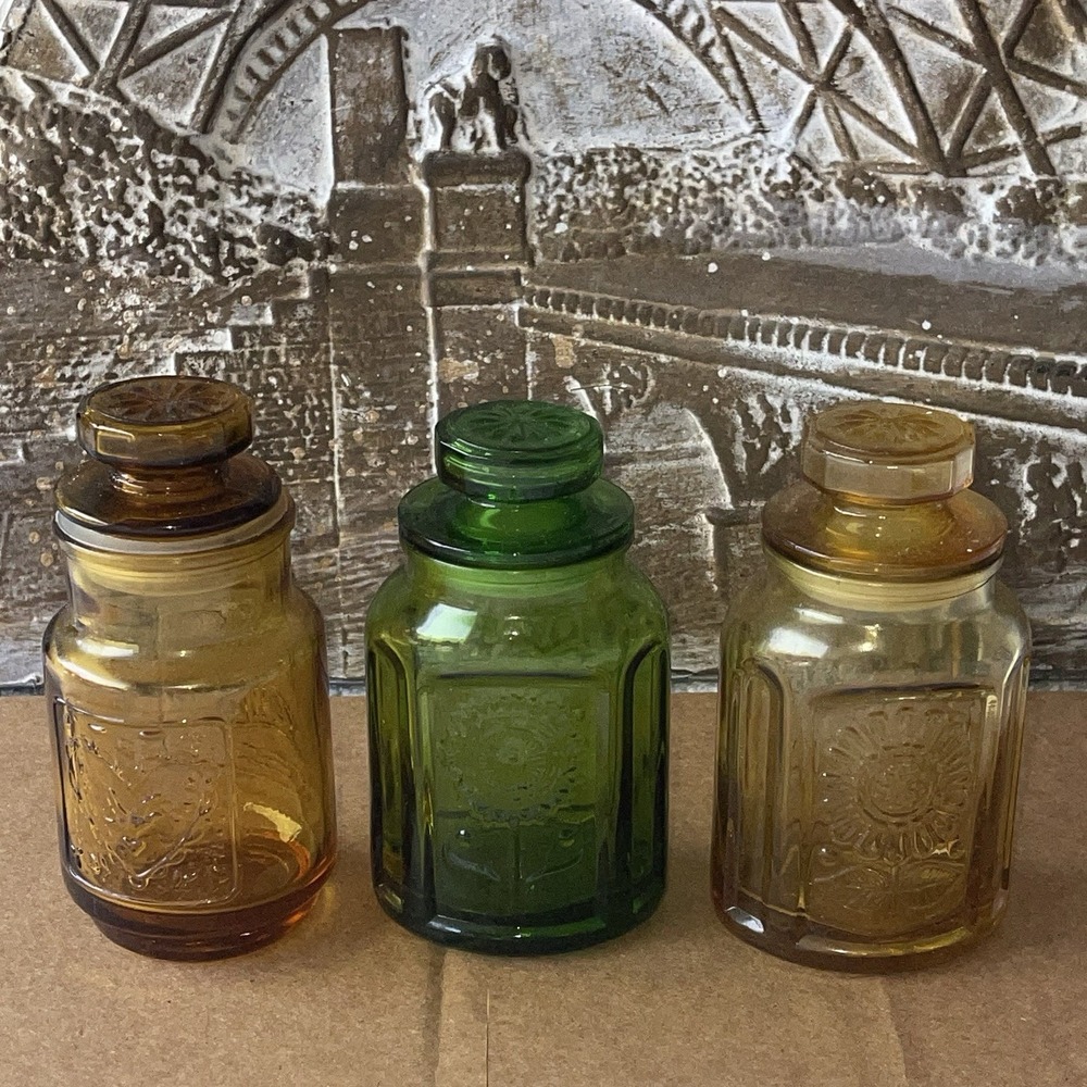 3 Wheaton Glass Jars Green Amber Canister Sun Flower Daisy Fish 4.5" 5"Mcm Decor
